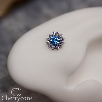 Large Aqua CZ & CZ Flower  - Titanium Threaded attachment