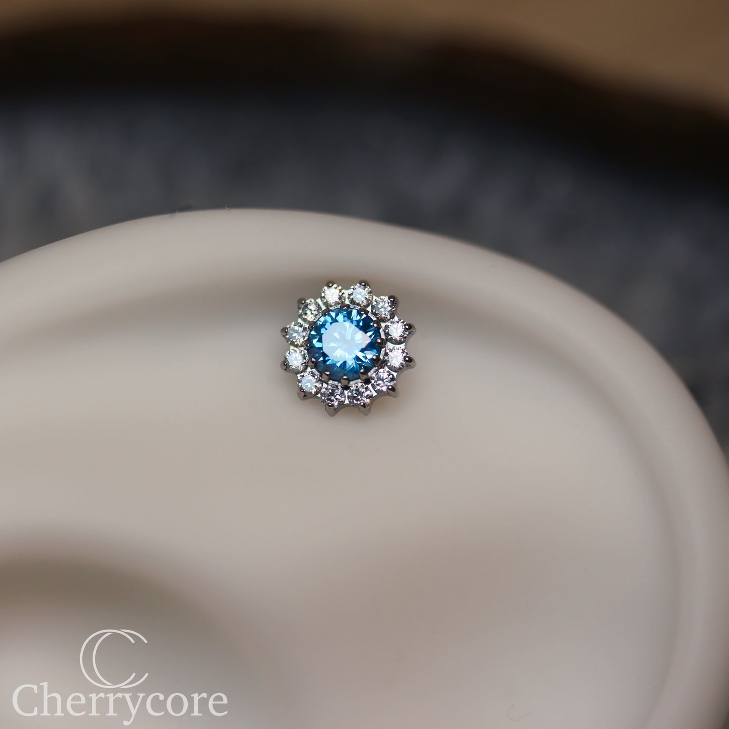 Large Aqua CZ & CZ Flower  - Titanium Threaded attachment