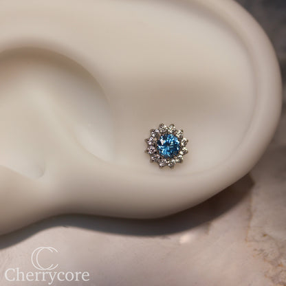Large Aqua CZ & CZ Flower  - Titanium Threaded attachment