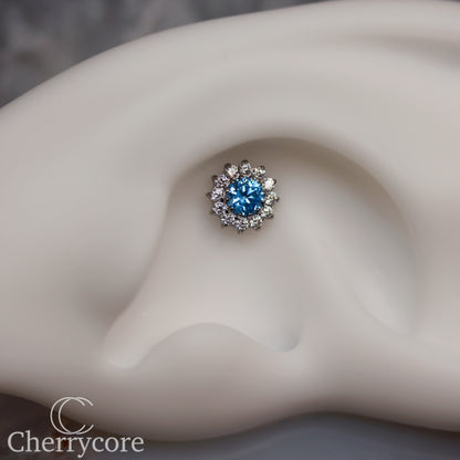 Large Aqua CZ & CZ Flower  - Titanium Threaded attachment