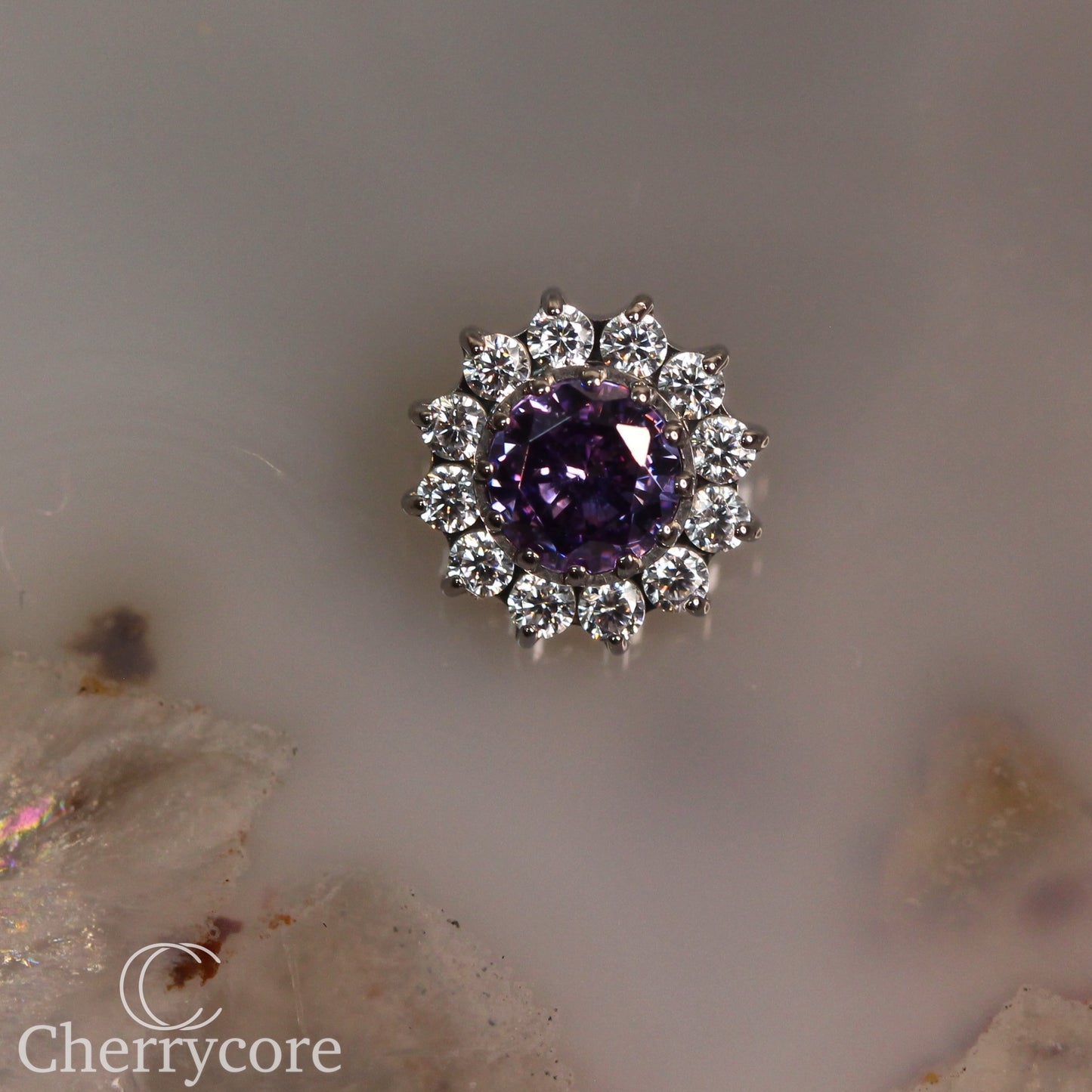 Large Amethyst CZ & CZ Flower  - Titanium Threaded attachment
