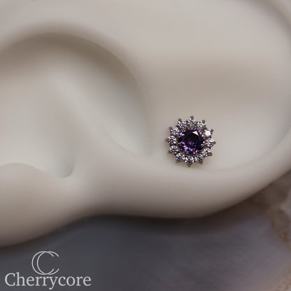 Large Amethyst CZ & CZ Flower  - Titanium Threaded attachment