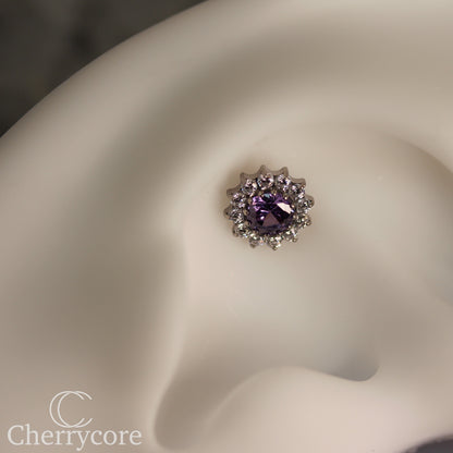 Large Amethyst CZ & CZ Flower  - Titanium Threaded attachment