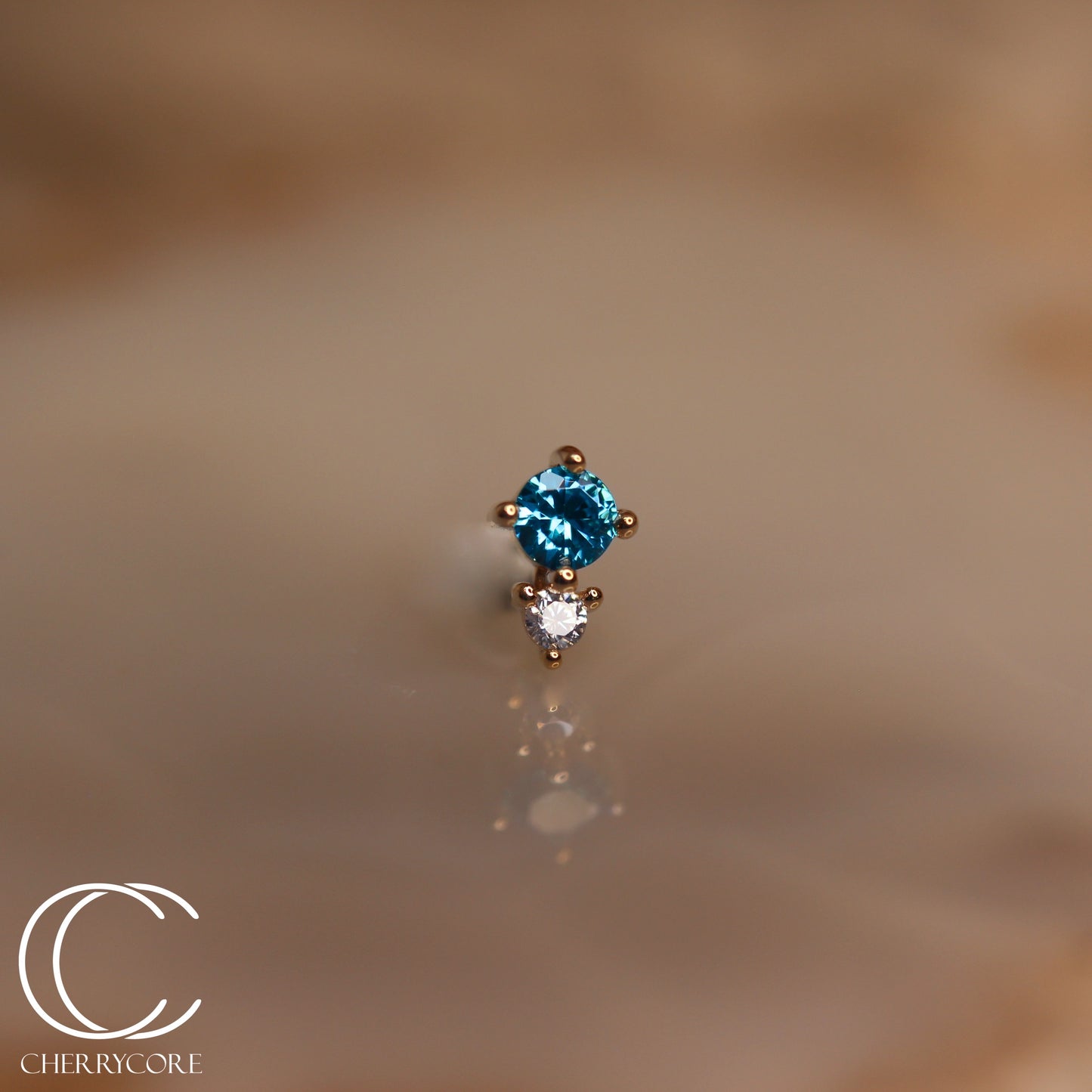 14k- Prong Set Duo - Aqua CZ -Threadless attachment