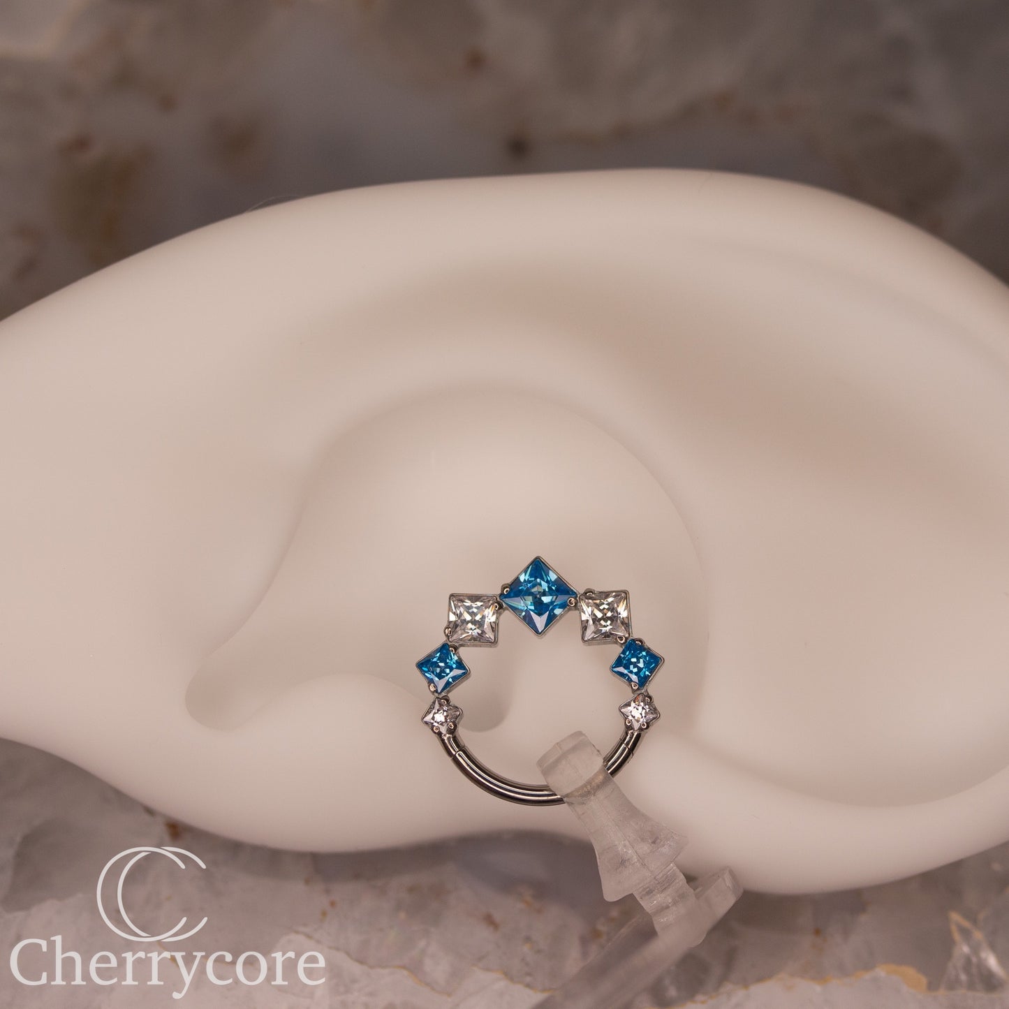 Titanium Aqua & Cz Princess Cut Gem Hinge Ring