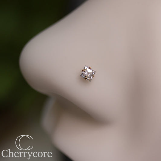 14k Gold- Princess Cut Cubic Zirconia- 3mm -Threadless Attachment