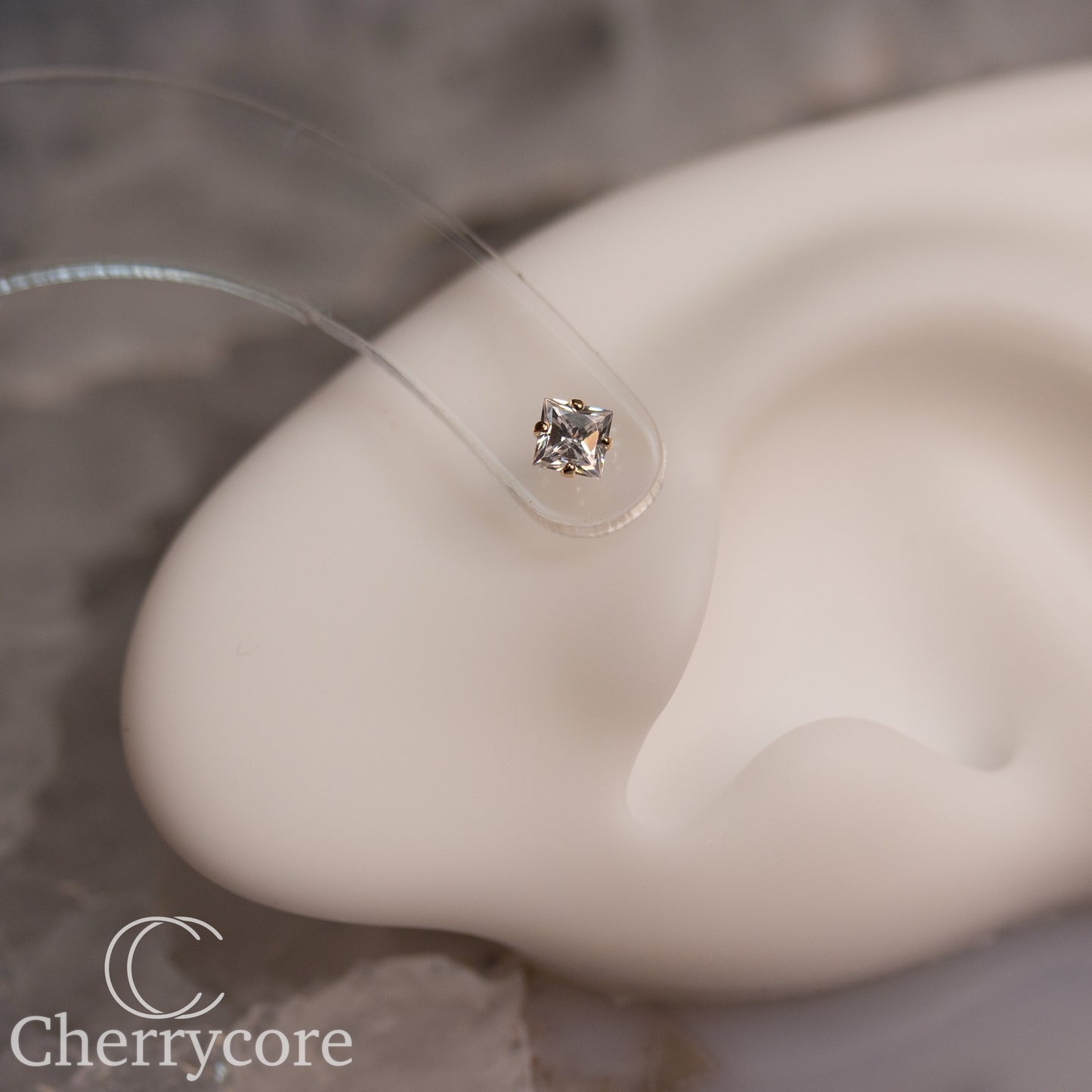 14k Gold- Princess Cut Cubic Zirconia- 3mm -Threadless Attachment