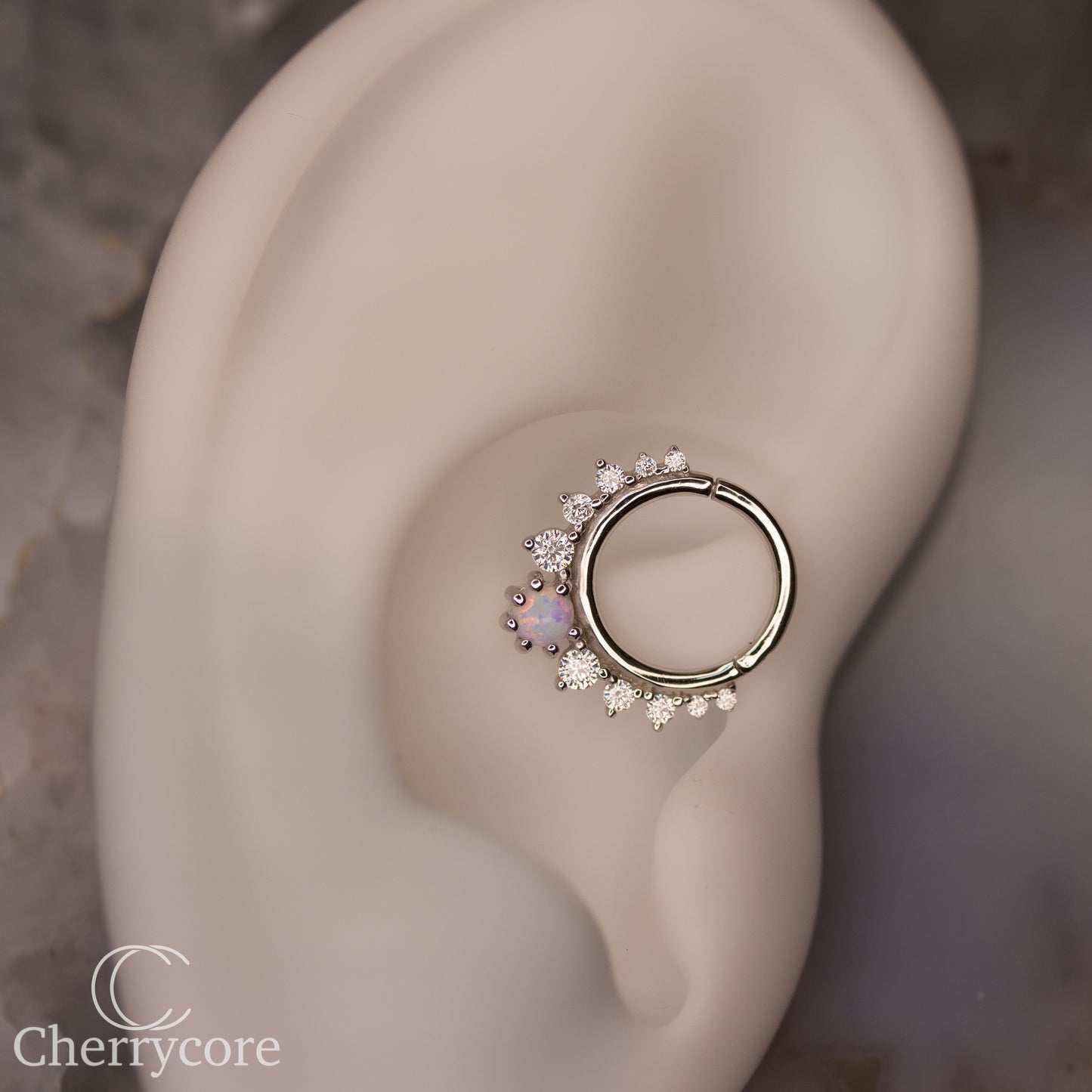 Deity - 14k White Gold Hinge Ring -  White opal & CZ