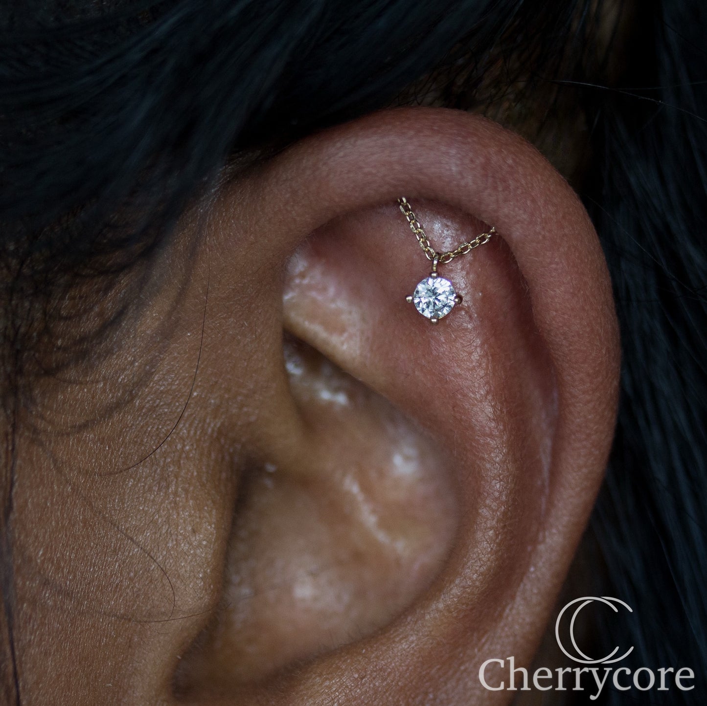 14k Yellow Gold and Prong Set Gem Vertical Drape- Threadless Attachment