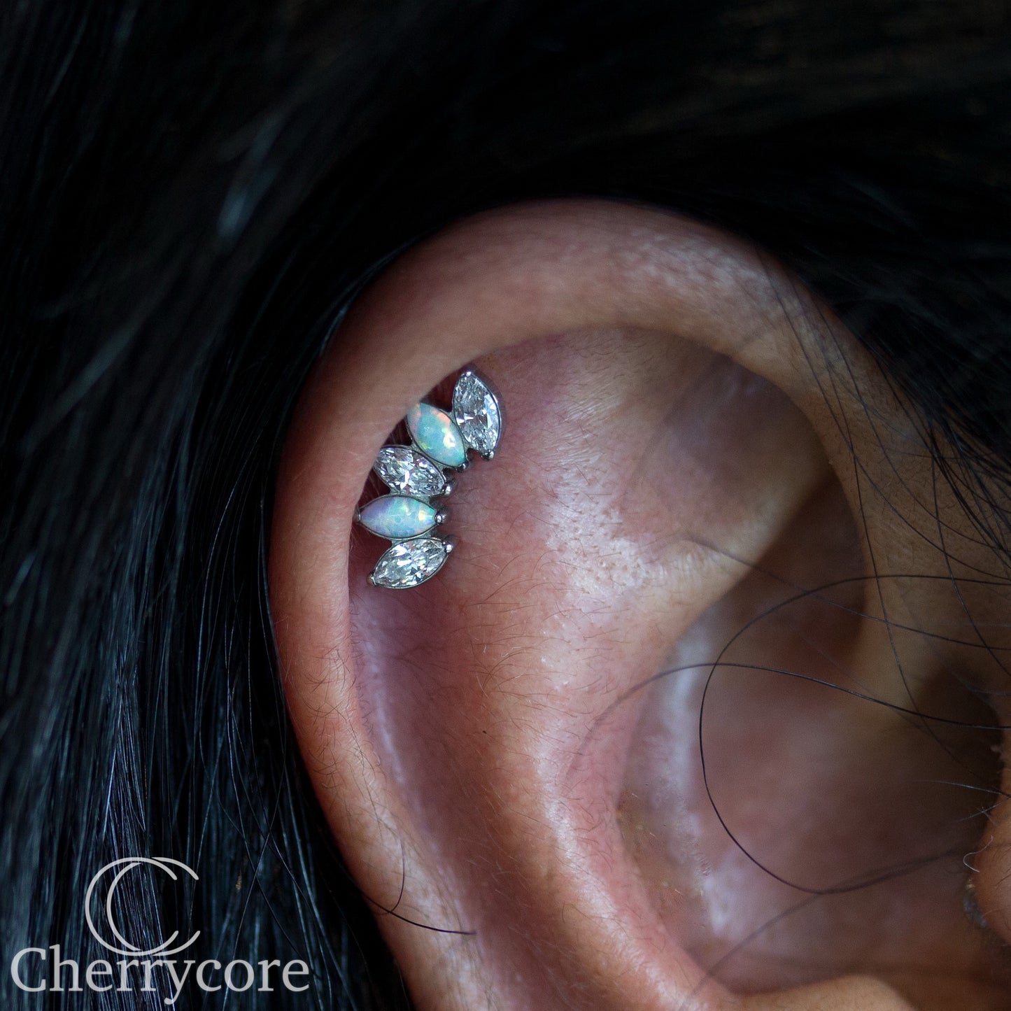 White Opal & CZ 5 Gem Marquise Fan- Titanium Threaded attachment
