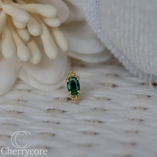 14k- Prong Set Oval Emerald CZ with Tribead accents- Threadless Attachment