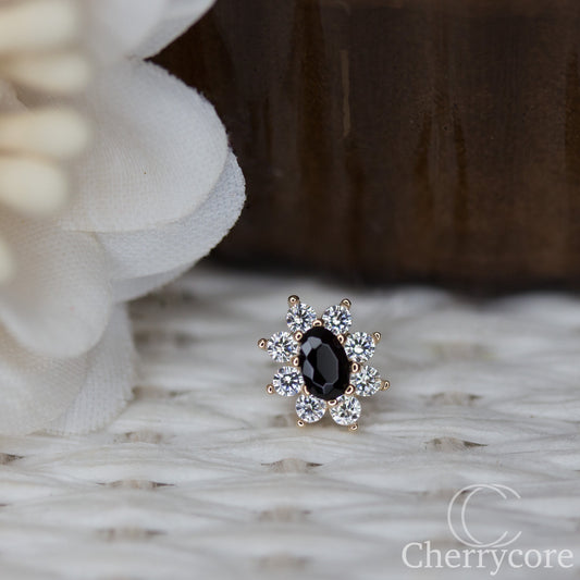 Royal Bloom- Black Cubic Zirconia- 14k Yellow gold - threadless attachment