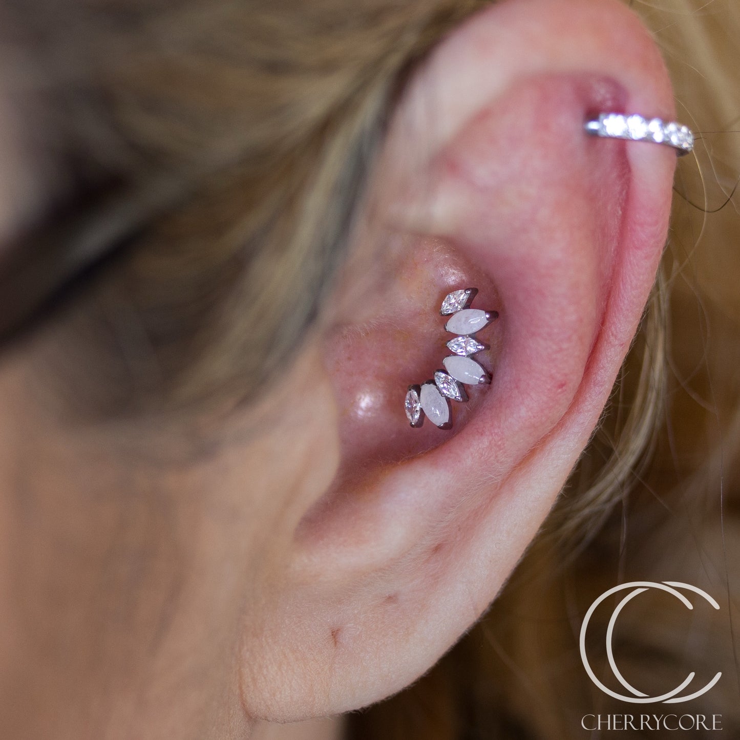 Natural White Jade & CZ Marquise Arc- Threaded attachment