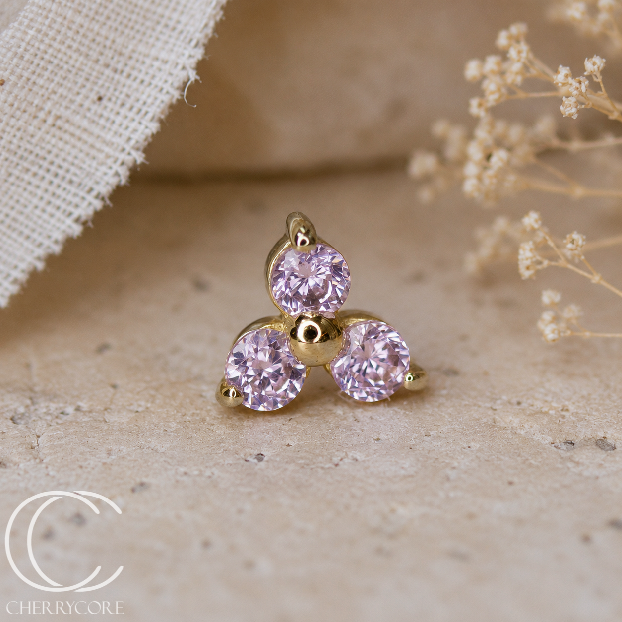 14k Gold- Prong Set Trinity- Pink CZ- Threadless Attachment