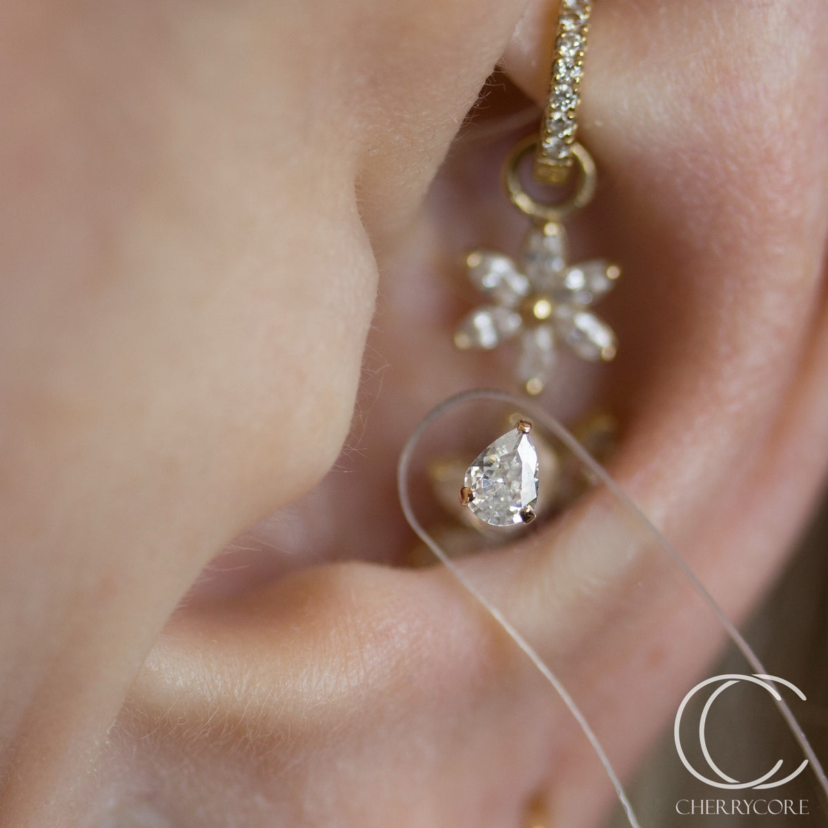 14k Gold- Prong Set Pear CZ- Threadless Attachment