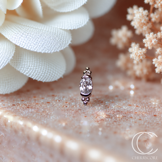 14k White gold- Partial Bezel Set Oval CZ with Tribead accents- Threadless attachment