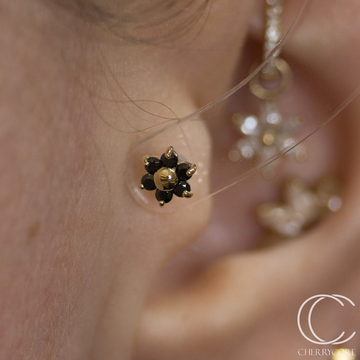 14k Yellow Gold Flower- Black CZ -Threadless Attachment