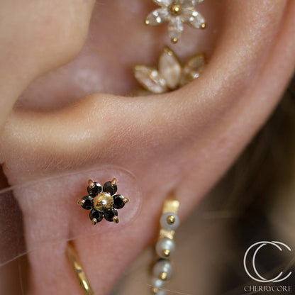 14k Yellow Gold Flower- Black CZ -Threadless Attachment