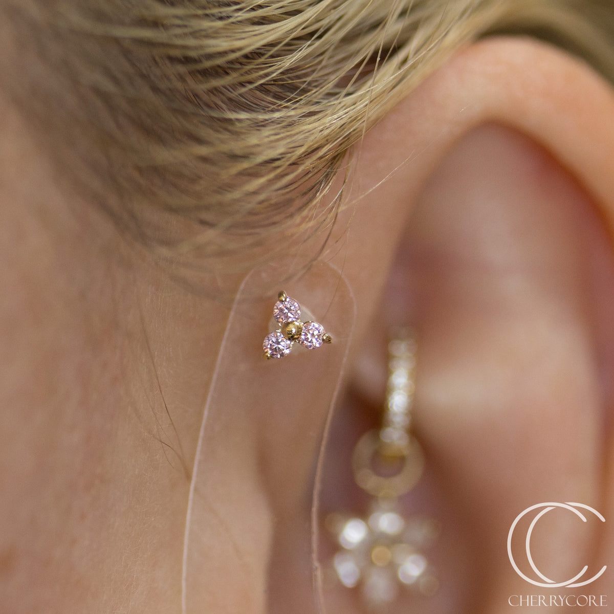 14k Gold- Prong Set Trinity- Pink CZ- Threadless Attachment