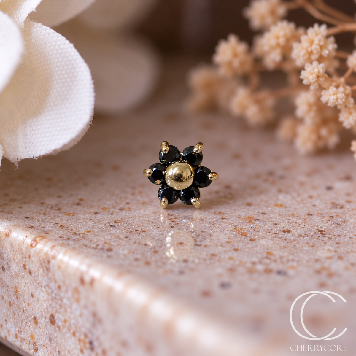 14k Yellow Gold Flower- Black CZ -Threadless Attachment