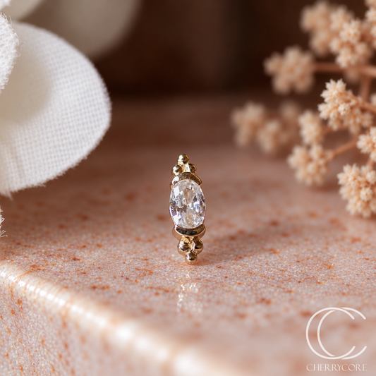 14k Yellow gold- Partial Bezel Set Oval CZ with Tribead accents- Threadless attachment
