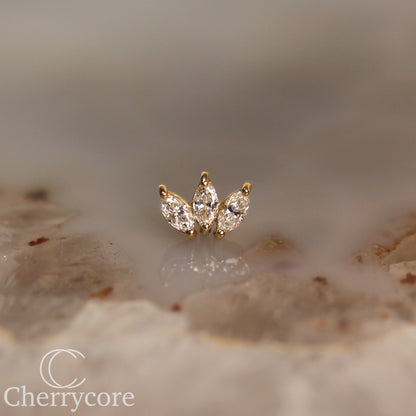 3 Gem Marquise Fan- Genuine Lab Diamond- Threadless Attachment