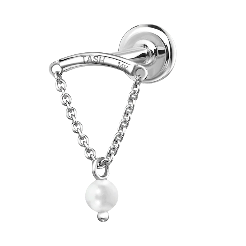 Pearl Drape Threaded Stud Earring Horizontal White Gold